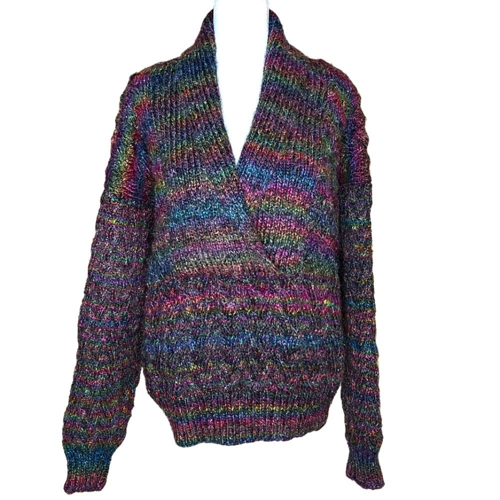 Handmade Metallic Rainbow Knit Oversized Sweater Cabincore Medium Shawl Collar